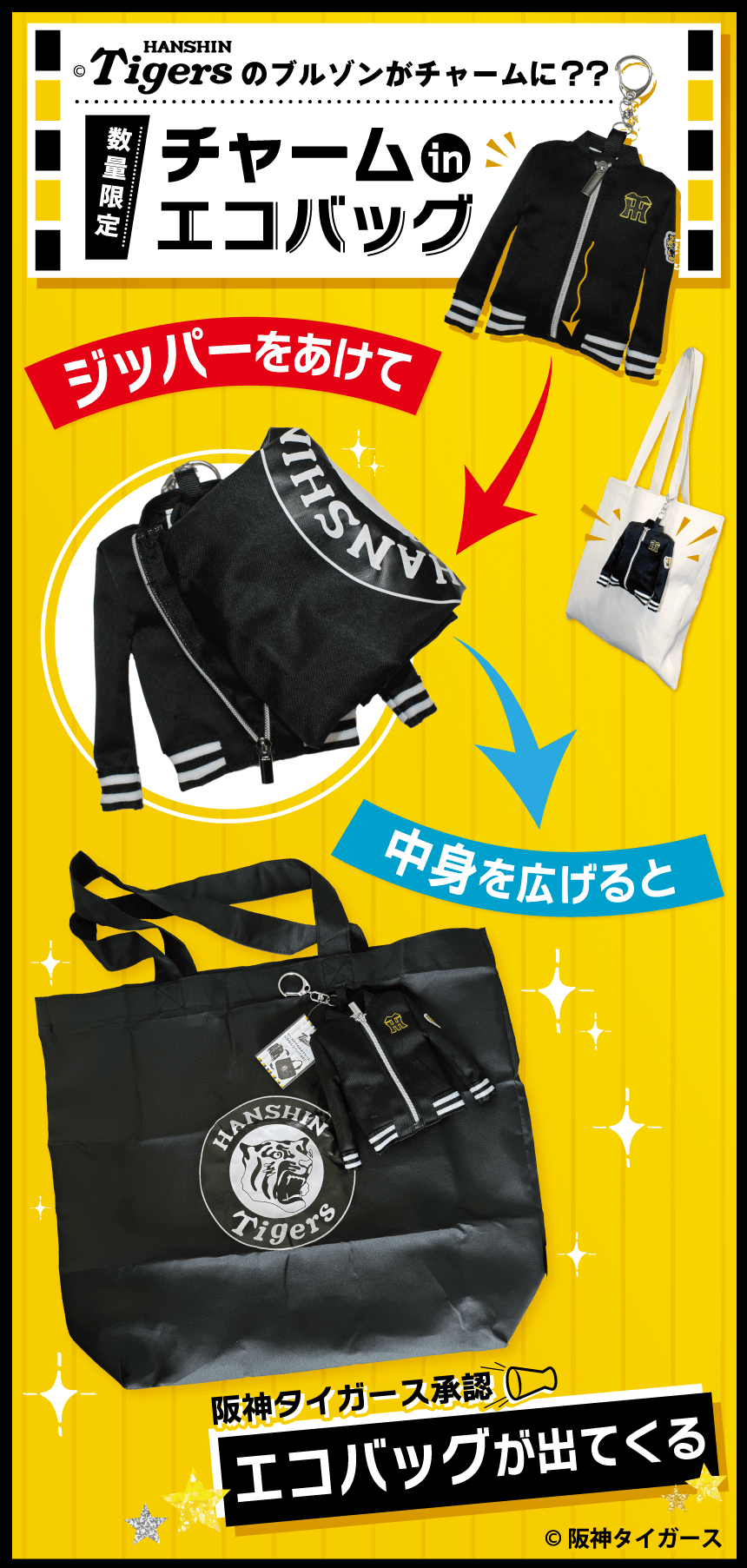 数量限定のチャームinエコバッグ！ジッパーをあけて、中身を広げると阪神タイガース商品のエコバッグが出てくる！